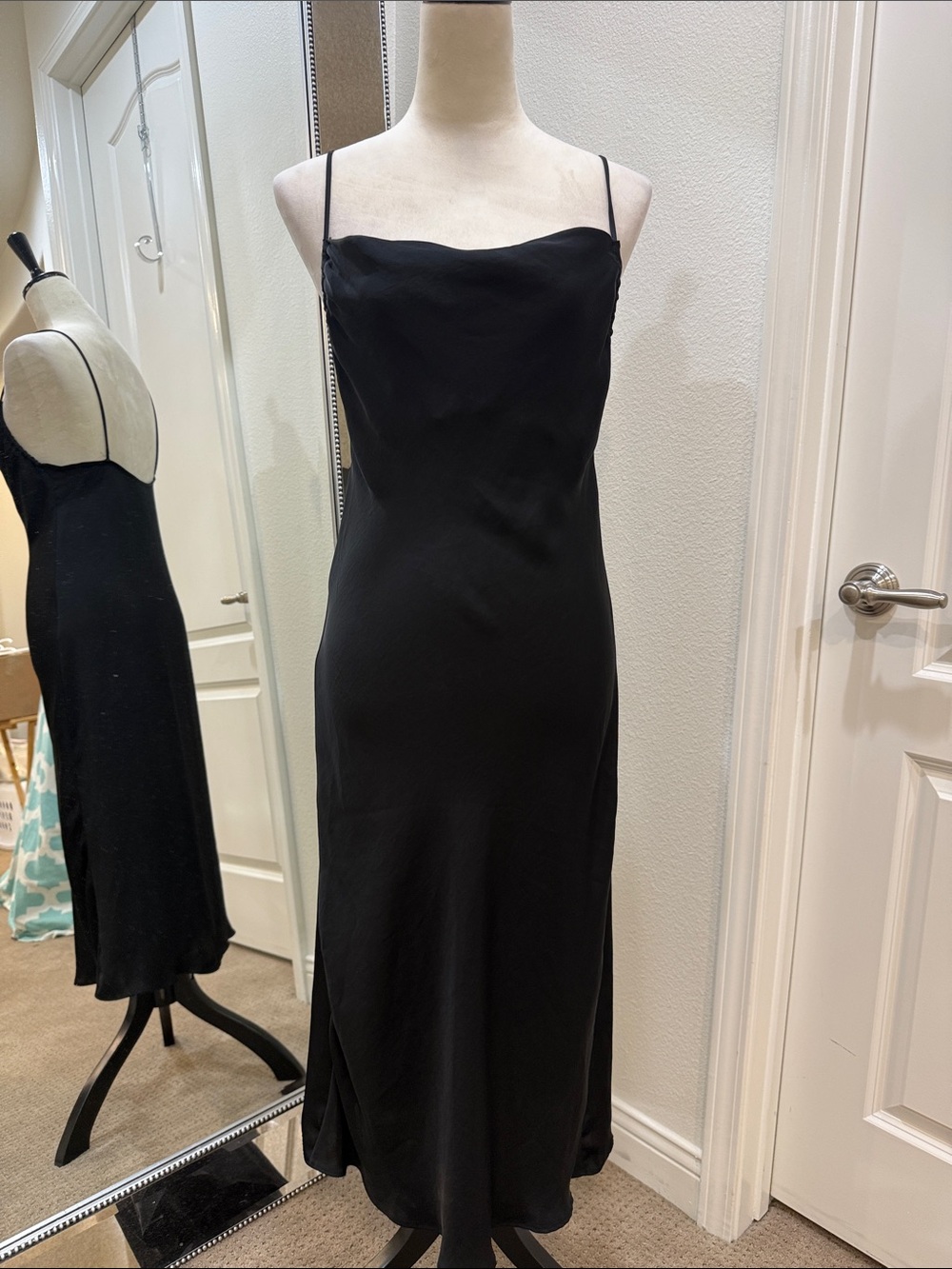 Zara Black Satin Like Slip Midi Dress with Spaghetti Straps